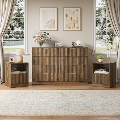 8 Drawer Dresser & Nightstand Set 3-Piece, 55” Wide Bedroom Dresser Set Night Stand Set of 2 with Metal Handle, Fluted Modern Wood Chest of Drawers Storage Dressers Set for Bedroom, Walnut