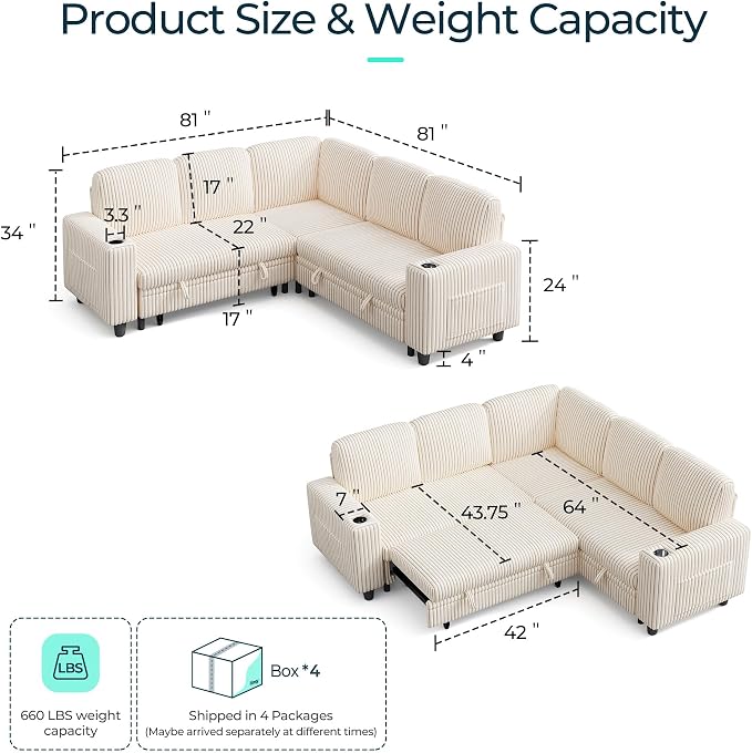 LINSY HOME 81" Modular Sectional Couch with Pull Out Bed, L Shaped 5 Seats Sofa with Storage Loveseat, Corduroy Convertible Sofa Bed, USB, Cup Holders, Side Pocket, Sleeper Sofa for Living Room, Beige