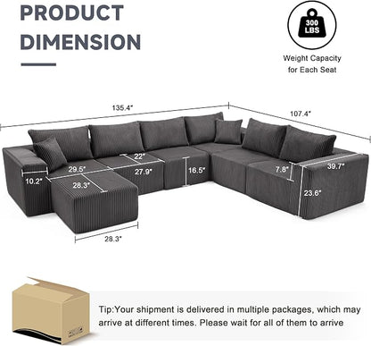 Cloud Couch Sectional, Modular Sofa with Deep Seat, Convertible Sectional Couches for Living Room, Plush Corduroy U Shaped Boneless Couch (Darkgrey, 6 Seater & 1 Ottoman)