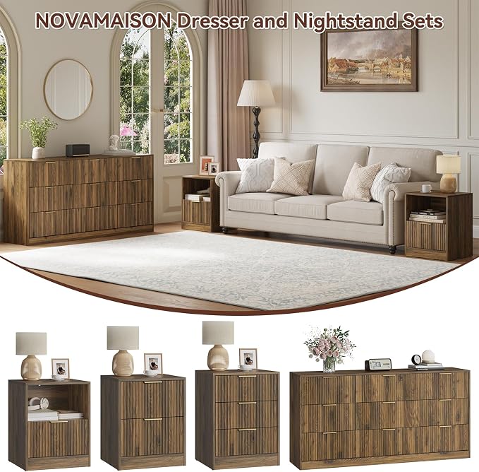 9 Drawer Dresser & Nightstand Set 3-Piece, 63” Wide Bedroom Dresser Set Night Stand Set of 2 with Metal Handle, Fluted Modern Wood Chest of Drawers Storage Dressers Set for Bedroom, Walnut
