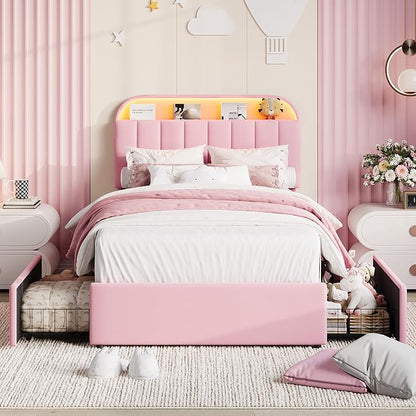 Garvee Twin XL Size Bed Frame with 2 Flexible Drawers, Velvet Upholstered Platform Bed Frame with Bookcase Headboard and LED Lights, Kids Bed for Girls, Easy Assembly, Noise Free, Pink