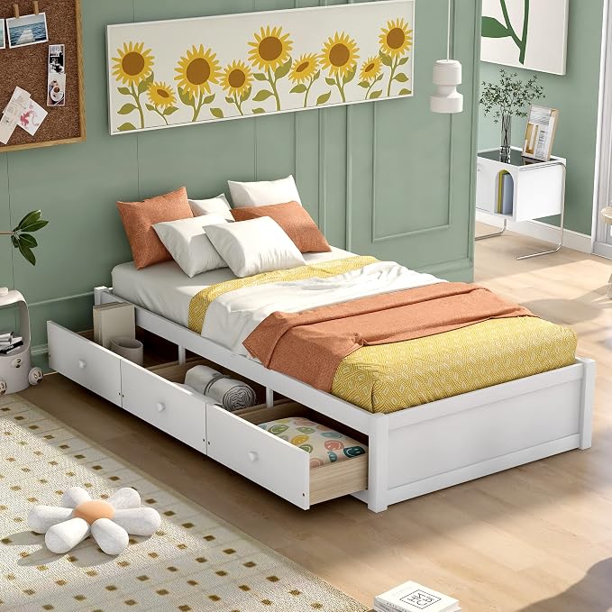 Merax Wood Captain's Platform Storage Bed with 3 Drawers,Classic Bed Frame No Box Spring Needed Twin, White