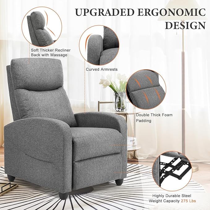 Sweetcrispy Massage Recliner Chair for Adults, Adjustable Home Theater Seating with Lumbar Support, Modern Small Recliners for Small Spaces, Dark Grey