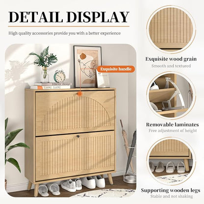 Fsbecl Shoe Storage Cabinet for Entryway with 2 Flip Drawers, Narrow Wood Shoe Cabinet with Fluted Panel, Freestanding Hidden Shoe Organizer for Foyer, Hallway (Wood Color)