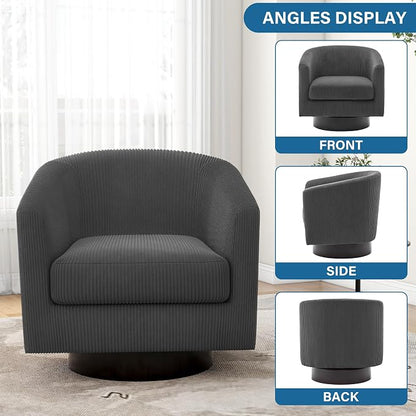 Swivel Accent Chair, Upholstered Corduroy Barrel Chair for Living Room, Small Single Sofa Bedroom Reading Seat, Gray