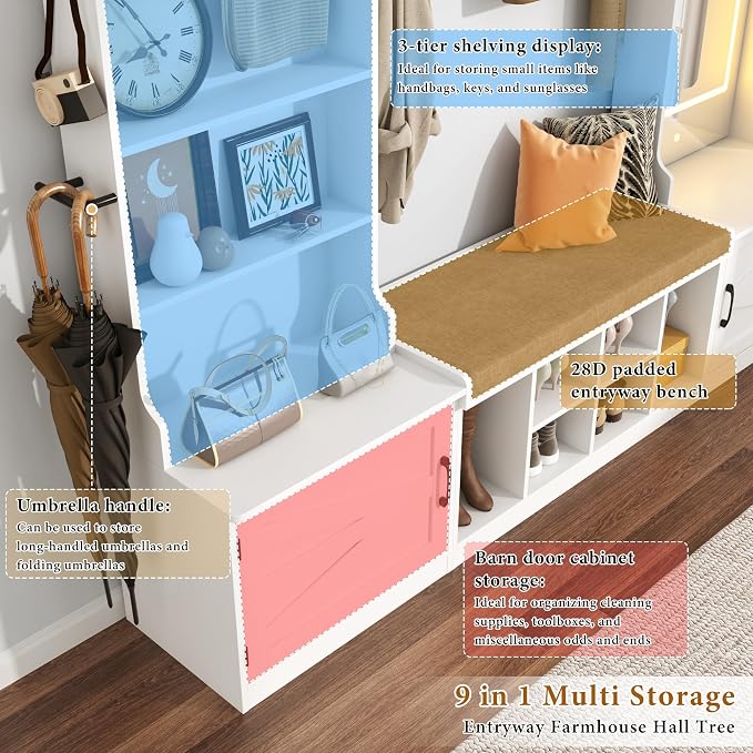 86.6''W Extra Large Farmhouse Hall Tree with Mirror Bench and Shoe Storage,Entryway Bench with Coat Rack,6 Shoe Cubbies & Umbrella Holder and Storage Cushioned Stool,Mudroom/Hallway Storages Cabinet