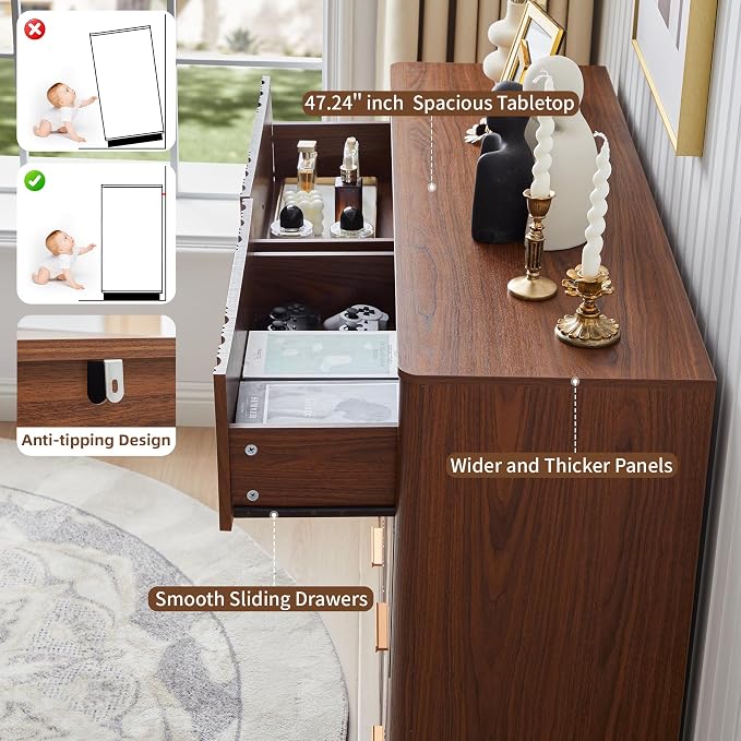 Fluted Dresser for Bedroom with 8 Drawers, 47" Wide Mid Century Modern Chest of Drawers, Wooden Dresser TV Stand, Wood Closet Clothes Storage Organizer for Living Room Hallway, Walnut