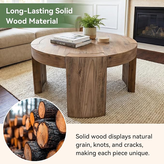 Solid Wood Round Coffee Table, 31.5-Inch Farmhouse Circle Center Cocktail Tea Table for Living Room, Wood Home Living Room Furniture, Easy Assembly, Light Brown