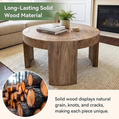 Solid Wood Round Coffee Table, 31.5-Inch Farmhouse Circle Center Cocktail Tea Table for Living Room, Wood Home Living Room Furniture, Easy Assembly, Light Brown