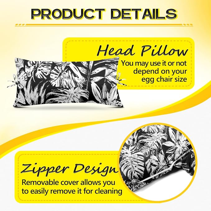 MAGIC ELEPHANT Egg Chair Cushion, Memory Foam Indoor Outdoor Hanging Egg Chair Cushion Replacement, Patio Basket Swing Cushion with Headrest (Black Monstera)