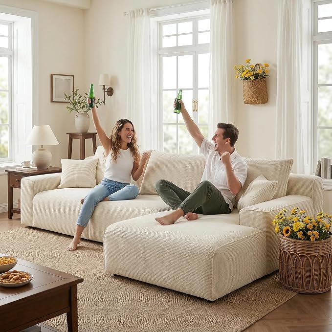Homkdom 98" Boneless Modular Sectional Sofa, Cloud Couch with 27" Deep Seat & Oversized Chaise, L-Shaped High-Density Foam Sofa for Living Room, No Assembly Required (White-Check, Right Facing)