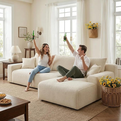 Homkdom 98" Boneless Modular Sectional Sofa, Cloud Couch with 27" Deep Seat & Oversized Chaise, L-Shaped High-Density Foam Sofa for Living Room, No Assembly Required (White-Check, Right Facing)