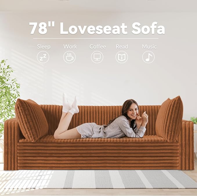 HABUTWAY 78" Loveseat Boneless Couch, 4-in-1 Convertible Sofa Bed, Plush Fur Folding Futon Sofa Bed Couches with 2 Pillows for Living Room, High-Density Foam Support, No Assembly Required, Orange