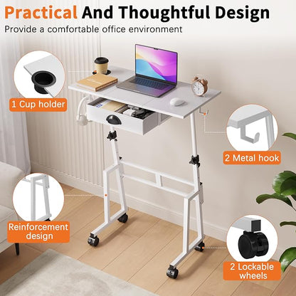 Honkazita Height Adjustable Standing Desk with Storage Drawer, Rolling Desk for Walking Pad, Small Sit-Stand Desk with Lockable Wheels, Height Range 31.5"-43.3", White, Stable Design