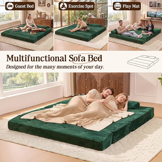78.7IN Folding Sofa Bed - Convertible Sleeper Sofa Couch with Zippered Pillows, 3 Seater Couches Bed for Living Room, Bedroom, Apartment, No Assembly Required, Freestanding, Corduroy, Green