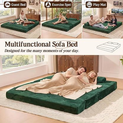 78.7IN Folding Sofa Bed - Convertible Sleeper Sofa Couch with Zippered Pillows, 3 Seater Couches Bed for Living Room, Bedroom, Apartment, No Assembly Required, Freestanding, Corduroy, Green
