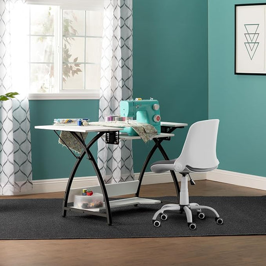 Sew Ready Comet Plus Hobby Sewing Table, 45.5 x 23.5" Overall Platform Size w/ Large Lower Storage Drawer, 2 Side Shelves & Cloth Drawer, Black/White