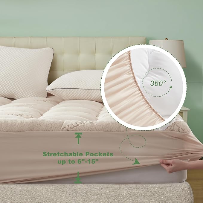 BEDLORE Full Size Mattress Topper Viscose Derived from Bamboo, Thick Pillow Top Mattress Pad with Stretchable Pockets for 6"-15" Mattress, Breathable Mattress Topper for Back Pain Relief(Beige)