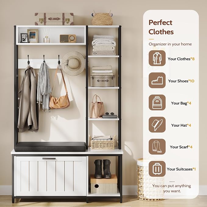 Hall Tree Coat Rack, Hall Tree With Bench and Shoe Storage Shoe With, Mud Room Storage Furniture，39.37 X 15.74 X 69.69 Inches, Rustic White