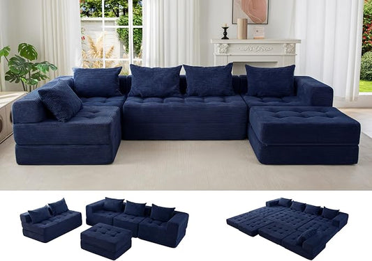 MAXYOYO Modular Sectional Sofa Couch, Foldable U Shaped Cloud Couch with Pillows, Tufted 6-Seat Boneless Lounger Floor Sofa Bed for Living Room, No Assembly Required, Navy