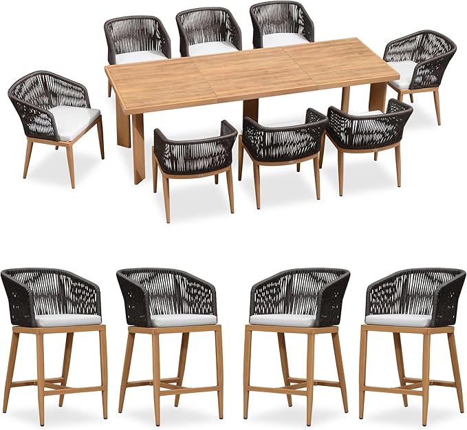 PURPLE LEAF Patio Dining Set 9 Pieces Furniture Set Aluminum Rattan Wicker Patio Table and Chairs Set for Lawn Backyard Teak with Counter Stools