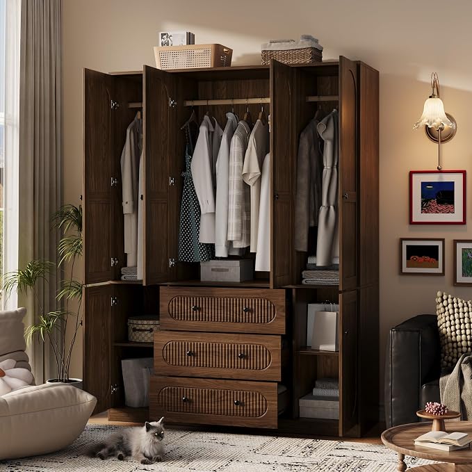TOKSOM 4 Doors Freestanding Armoire Wardrobe Closet, 72" Walnut Wardrobe Armoire Wooden Closet Large Capacity Storage with 3 Drawers & 3 Hanging Rod Shelves Clothes Organizer