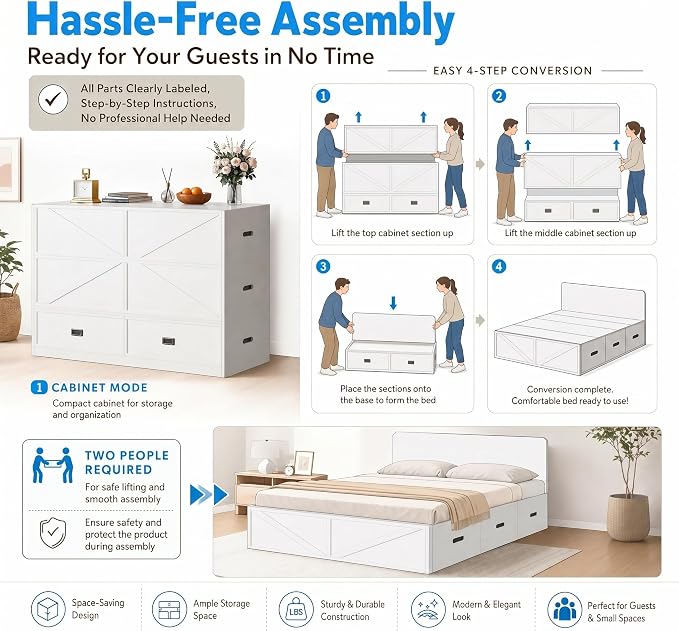 PUREMIND Murphy Bed Full with Mattress Included, Wood Cabinet Bed with Dual Storage Drawers & 2 Pillows, 3-in-1 Convertible Sofa Beds for Small Space, Guest Room, White