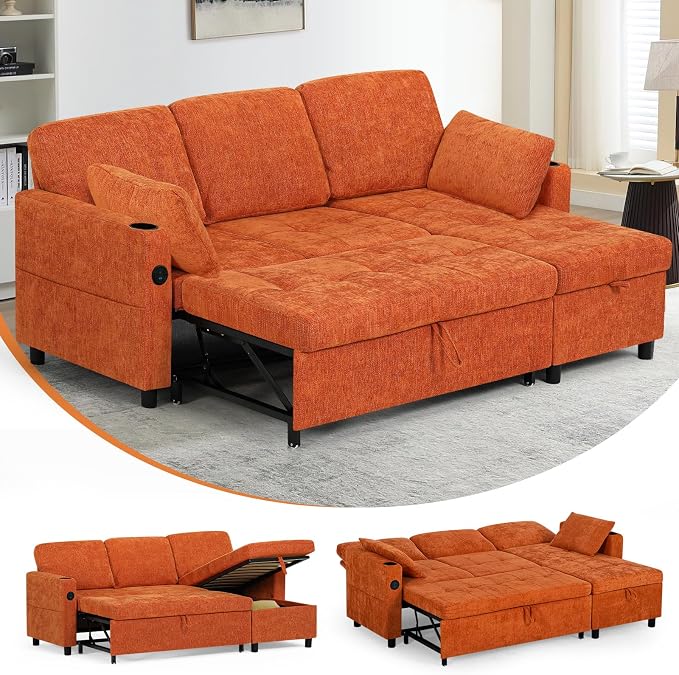 84 Inch Sleeper Sofa Bed w/7 Angles Adjustable Backrests, Chenille sectional Sofa Bed w/USB Port, Convertible L-Shaped Couch Bed w/Storage Chaise & Thicker Cushions for Living Room, Orange