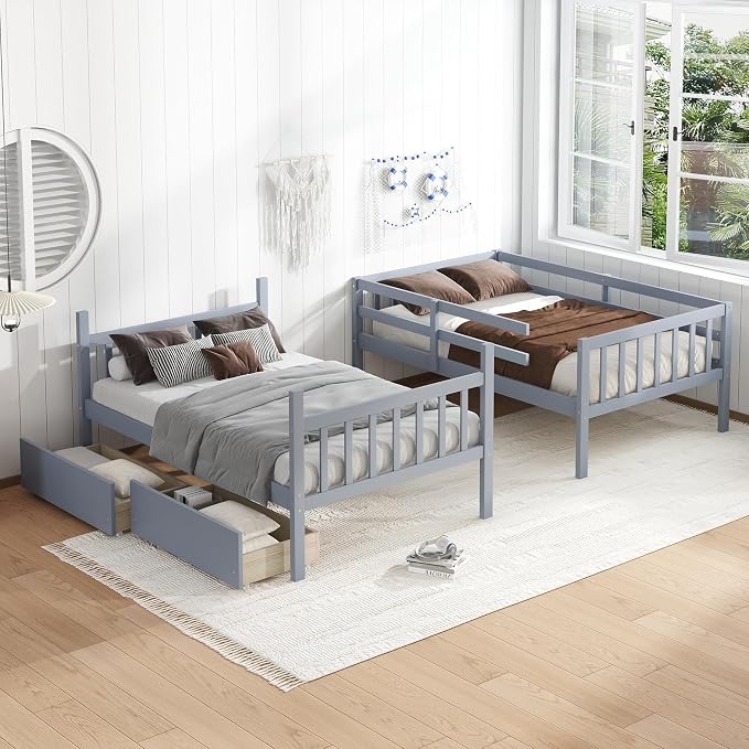 Harper & Bright Designs Twin Over Twin Bunk Bed with 2 Drawers, Convertible into 2 Twin Beds, Twin Bunk Bed with Ladder and Safety Guardrails, Gray
