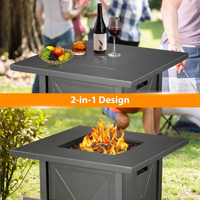 Electactic Fire Pit Propane Smokeless Outdoor Fire Pit Table Patio Outside with Lava Rocks,2-in-1 40000BTU Firepit Table 28" with Lid and Cover for Garden Backeyard Deck Balcony(Black)