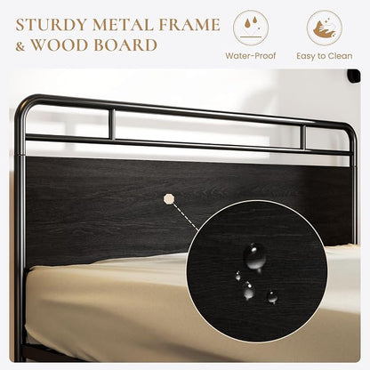 SHA CERLIN King Size Bed Frame with Vintage Industrial Wood Headboard, Heavy Duty Metal Platform with 12" Under-Bed Storage, Mattress Foundation, No Box Spring Needed, Noise-Free, Easy Assembly, Black