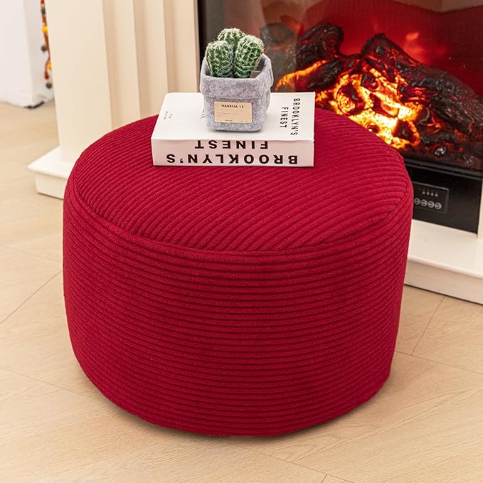 Round Pouf Ottoman 20 x 20 x 14 Inches Boho Poof Home Decor Floor Pouffe Ottoman Foot Rest for Couch Sofa Bean Bag Chairs Living Room Bedroom (Burgundy)