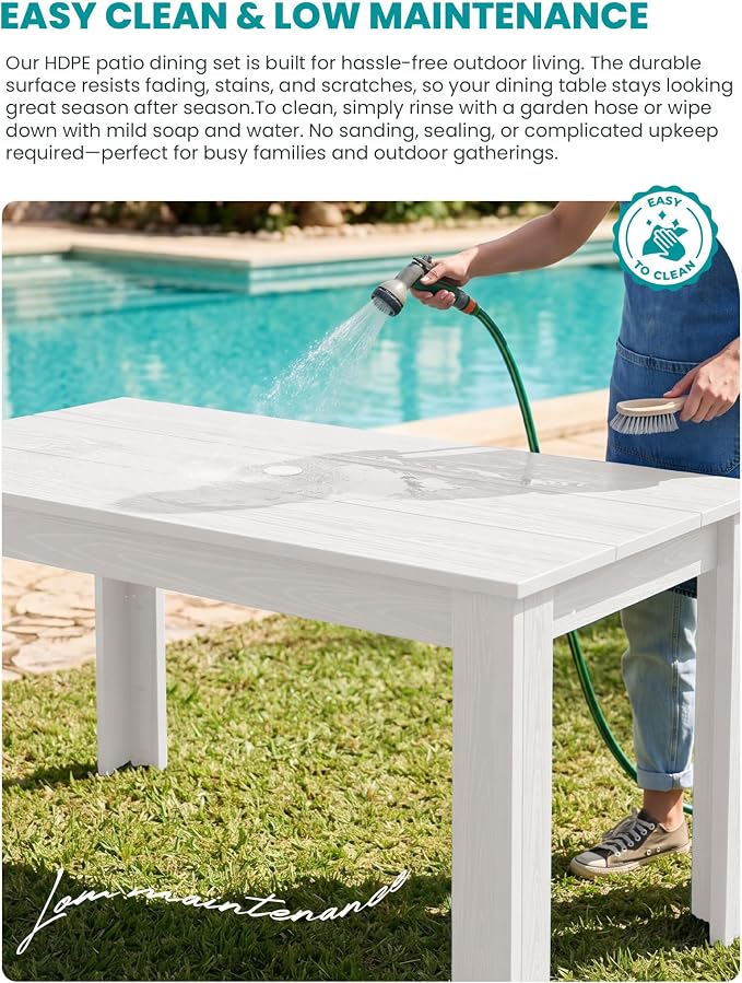 SERWALL HDPE Dining Set for 8: 2 Umbrella Hole Tables + 8 Chairs. for Garden, Backyard, Poolside. White