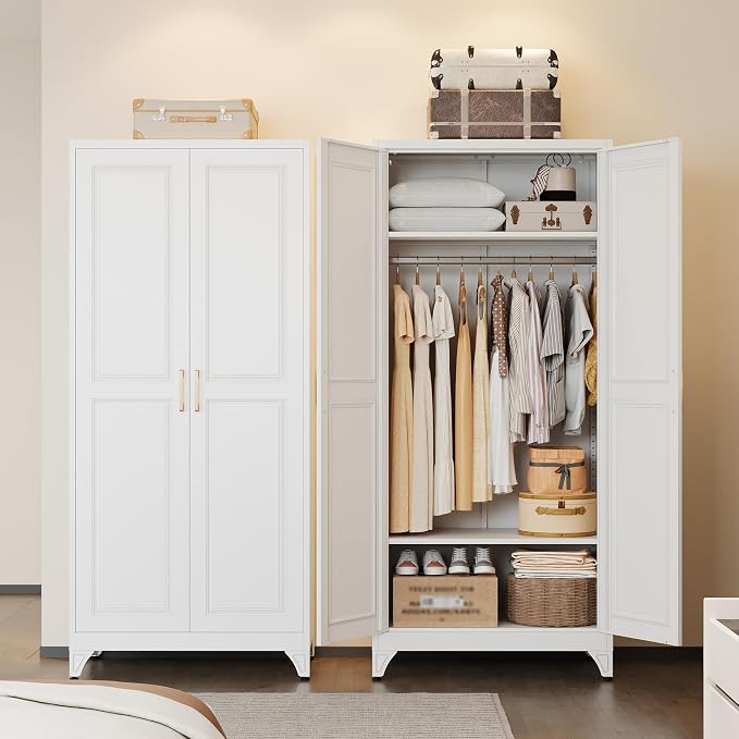 UNICOLY Armoire Wardrobe Closet with Doors, 71'' Wardrobe Cabinet with Hanging Rod, Metal Closet with 2 Adjustable Shelves for Bedroom School, Employee, Gym, Armarios De Ropa para Dormitorio, White