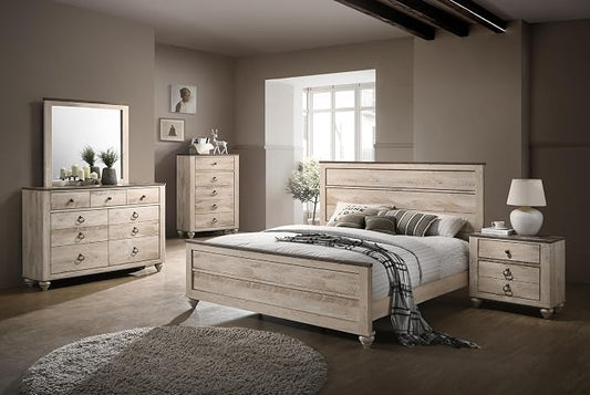 Peanu King Bed Set, White Wash Finish, Contemporary Bedroom Collection | King Bedroom Set, Solid Hardwood Build, White Wash Finish, Coordinated Storage For Refined Spaces