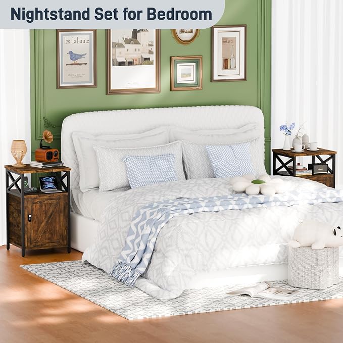 Night Stand Set 2, Bedroom Nightstands, Matching Bedside Table, Retro Brown | Lock and Charging Station, USB C Port, Large Lockable Storage Cabinet, End Tables with Door, Metal and Wood Bed Side Tables