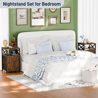 Night Stand Set 2, Bedroom Nightstands, Matching Bedside Table, Retro Brown | Lock and Charging Station, USB C Port, Large Lockable Storage Cabinet, End Tables with Door, Metal and Wood Bed Side Tables