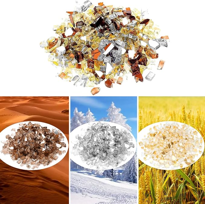 Onlyfire 10 Pounds Blended Reflective Fire Glass for Fire Pit Fireplace and Landscaping, 1/2 Inch Mixed Colored High Luster Fireglass Rocks for Outdoor and Indoor Use - Gold+Platinum+Copper