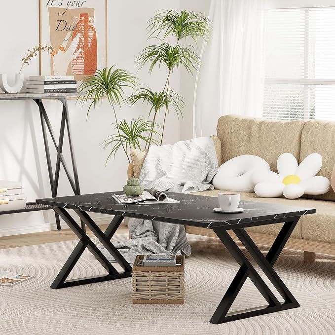 Wolawu Coffee Table Living Room Table Black Center Table, Simple Modern Faux Marble Rectangular Tea Table with Sturdy Black-Finished Metal Frame,Industrial Wooden Coffee Table for Bedroom Home Office