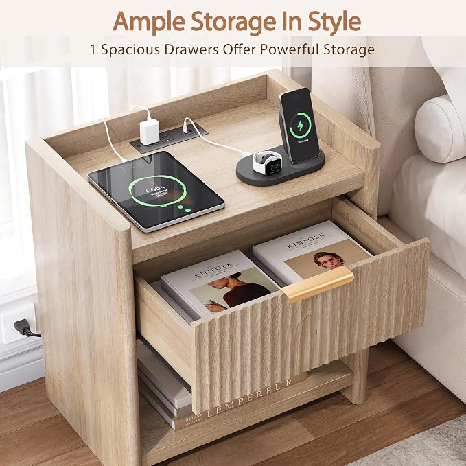 25.9" Fluted Nightstand with Charging Station, Large Modern Bedside Table with Storage Drawer and Metal Handle,End Table for Bedroom, Home Office(1 Pack, Natural Oak)