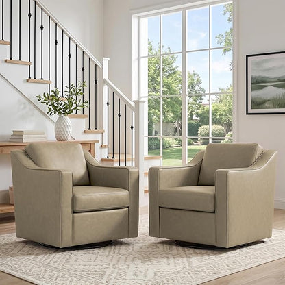 Swivel Accent Chair, Modern Round Barrel Arm Chair for Living Room, Bedroom, Comfy Club Reading Chairs for Adults (Leather Cream, Set of 1)