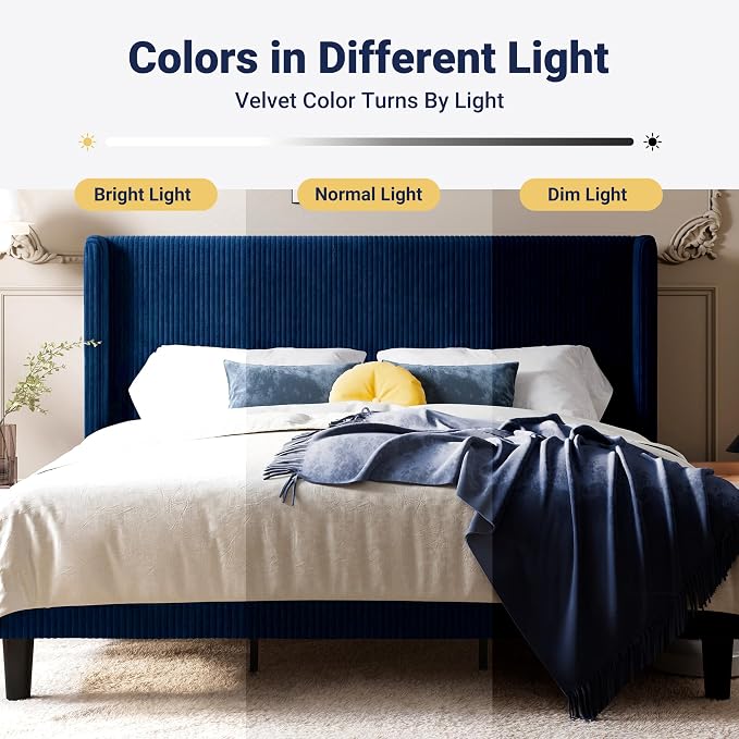 Allewie King Size Bed Frame with Upholstered Wingback Headboard, Vertical Channel Tufted Corduroy Velvet Platform Bed, Strong Wooden Slats Support, No Box Spring Needed, Easy Assembly, Dark Blue