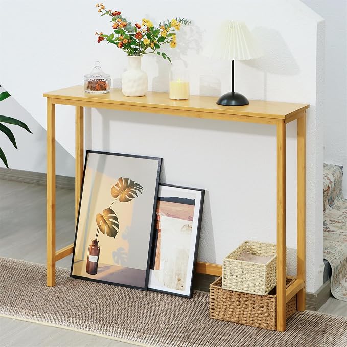 Bamboo Narrow Console Table, 39.4"(L) Wood Small Entryway Table, Accent Slim Hallway Tables, Thin Sofa Side Tables for Hallway, Living Room, Bedroom, Foyer, Burlywood