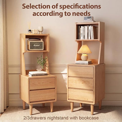 Solid Wood Bookshelf with Drawers,Narrow bookcase with Storage Shelves,Tall Nightstand with Drawers,Mid Century Modern Nightstand,Open Shelf Bookcase,Small Book Shelf for Bedroom,Living Room,Offices