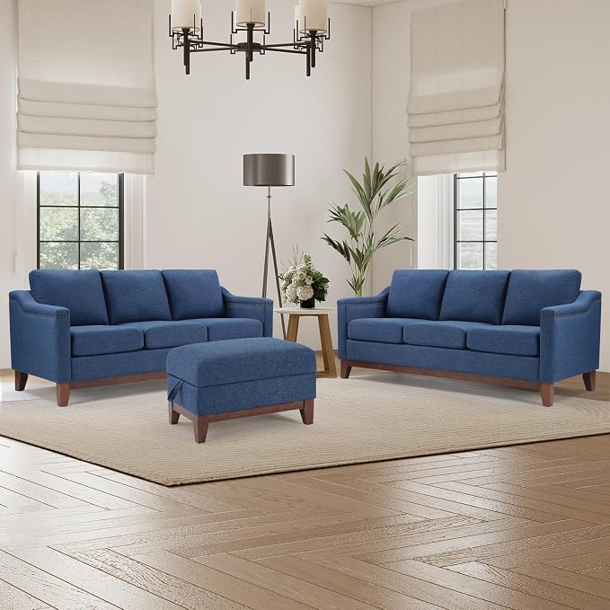 HAOMARKETS 3 Piece Fabric Sofa Set with Nailhead Trim, Included 3-Seater Couches Set of 2 with Thicked Cushion and Upholstered Storage Ottoman with Flip-Top Table, Living Room Furniture Set,Blue