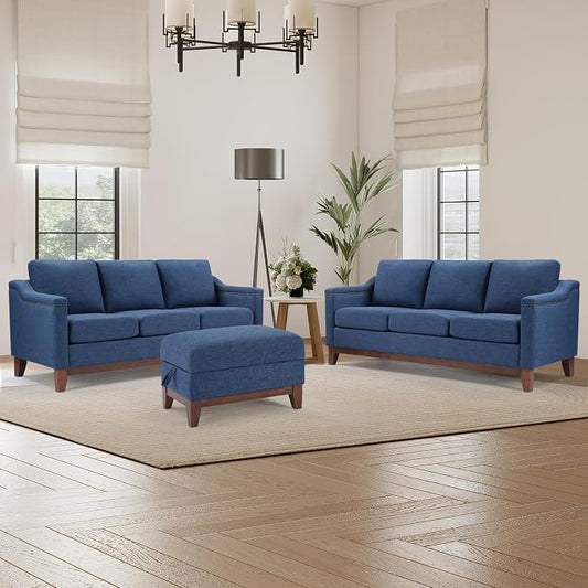 HAOMARKETS 3 Piece Fabric Sofa Set with Nailhead Trim, Included 3-Seater Couches Set of 2 with Thicked Cushion and Upholstered Storage Ottoman with Flip-Top Table, Living Room Furniture Set,Blue