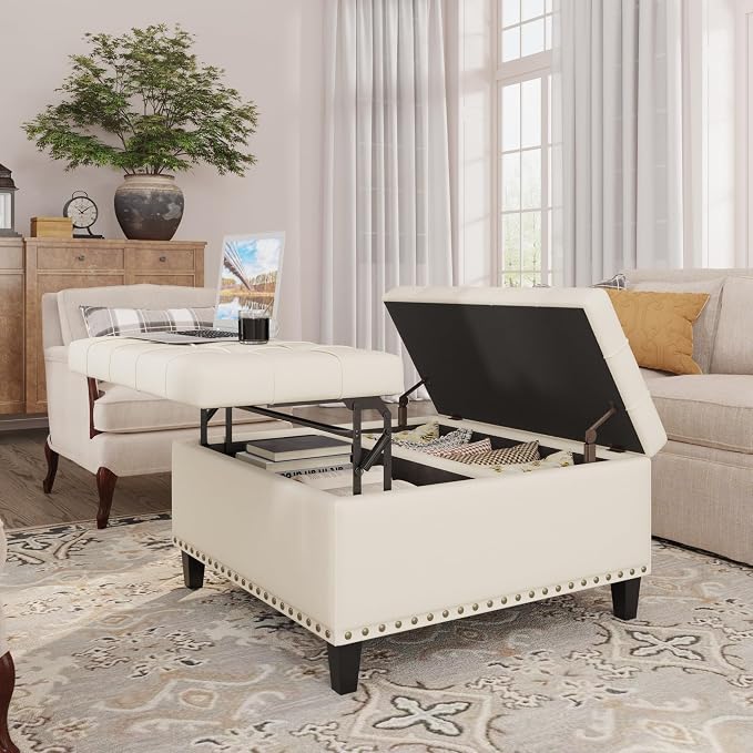 FiveWillowise Square Leather Ottoman with Storage, Faux Leather Coffee Table with Lift Top,Large Upholstered Footrest Stool Toy Box Storage Bench for Bedroom Living Room, Ivory White