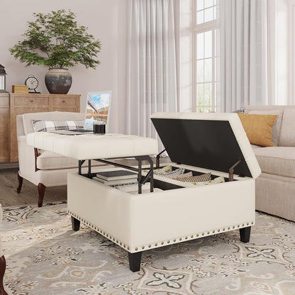 FiveWillowise Square Leather Ottoman with Storage, Faux Leather Coffee Table with Lift Top,Large Upholstered Footrest Stool Toy Box Storage Bench for Bedroom Living Room, Ivory White