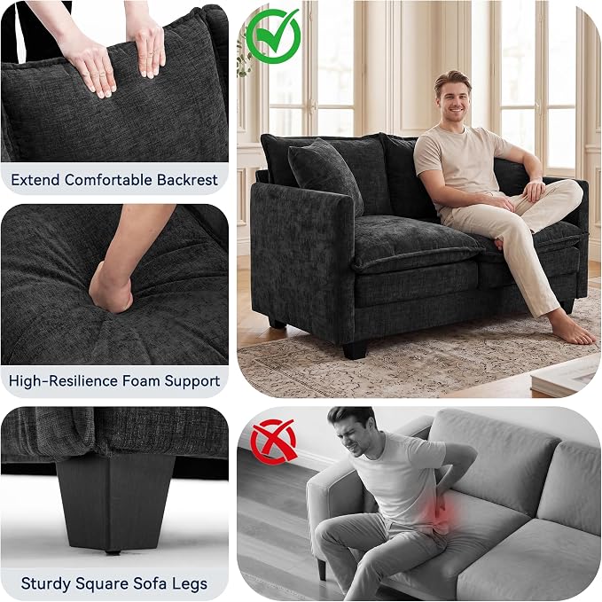 Loveseat Sofa Couch 2 Piece Set, Small Compact 50" Love Seat 27" Deep Cloud Sofa Set Washable Chenille Pillow Living Room Set for Apartment Office 8833-BLACK-2+2