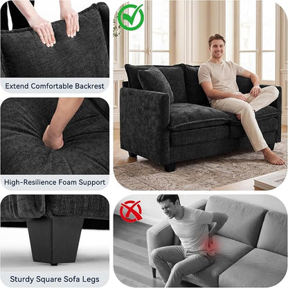 Loveseat Sofa Couch 2 Piece Set, Small Compact 50" Love Seat 27" Deep Cloud Sofa Set Washable Chenille Pillow Living Room Set for Apartment Office 8833-BLACK-2+2